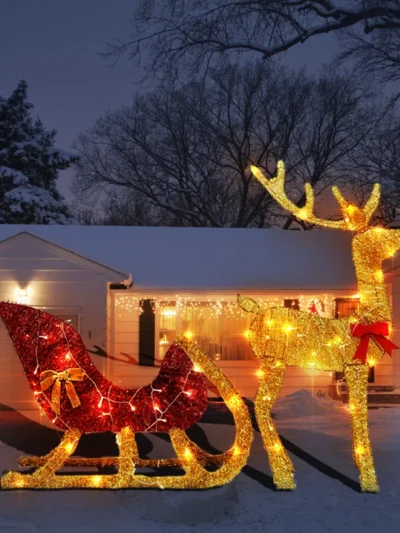 Lighted Christmas Reindeer and Sleigh Outdoor Yard Decoration Set with Lights Stakes Holiday Decorations
