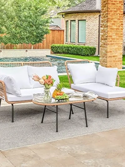 Outdoor Patio Furniture Set, Outdoor Sectional Rope Woven L-Shaped Sofa Set with Patio Table and Thick Cushions