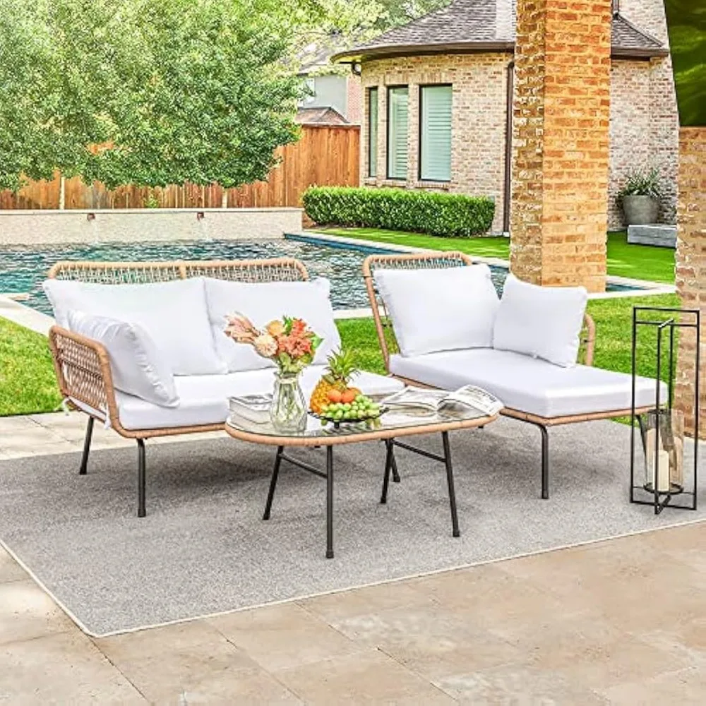 Outdoor Patio Furniture Set, Outdoor Sectional Rope Woven L-Shaped Sofa Set with Patio Table and Thick Cushions