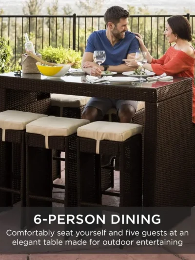 7-Piece Outdoor Wicker Bar Dining Set, Rattan Patio Furniture for Backyard, Garden w/Glass Table Top, 6 Stools, Removable