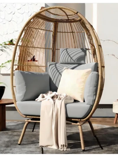 Egg Chair Wicker Outdoor Oversized  with 370lbs Capacity Large with Stand Cushion Egg Basket Chair for Patio, Balcony Bedroom