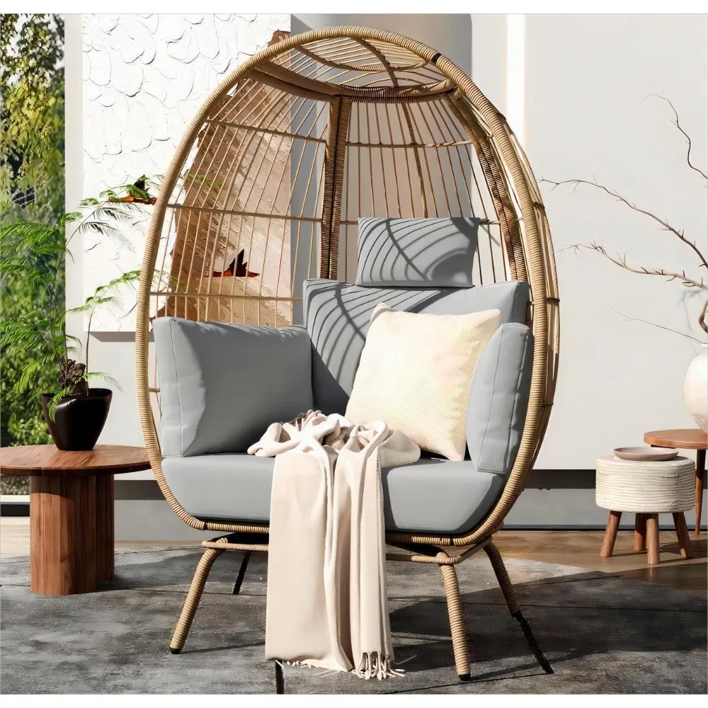 Egg Chair Wicker Outdoor Oversized with 370lbs Capacity Large with Stand Cushion Egg Basket Chair for Patio, Balcony Bedroom