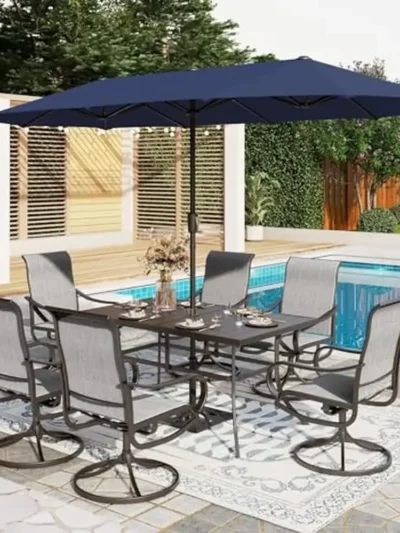 Outdoor 8 Piece Swivel Patio Dining Set Metal Table with 13ft Double-sided Umbrella Navy Blue Mesh Textilene Chairs Waterproof