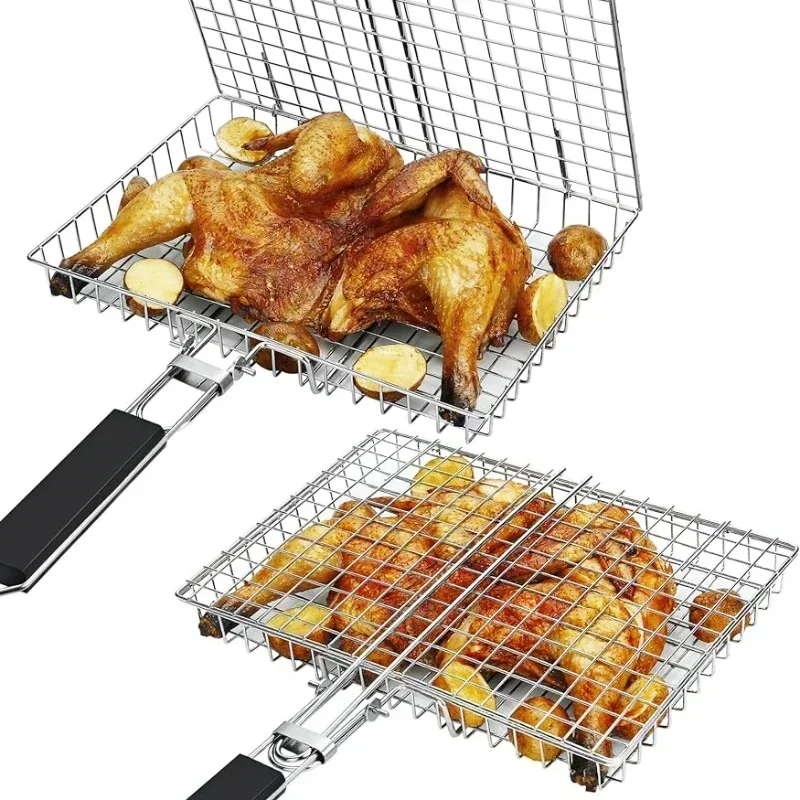 Portable Folding Stainless Steel Grill Basket with Handle for Fish Vegetables Shrimp - Image 3