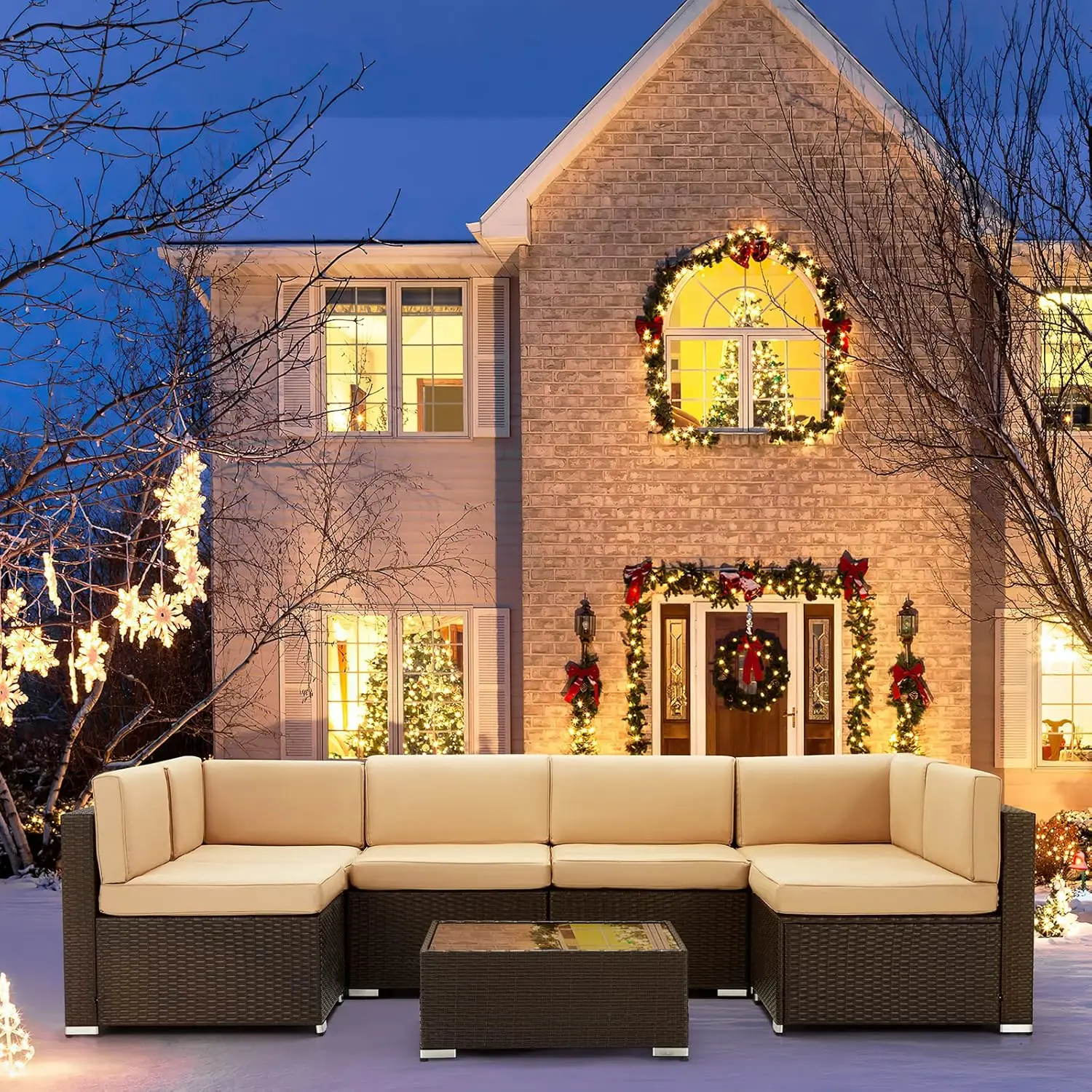 7 Piece Outdoor Patio Furniture Set, PE Rattan Wicker Sofa Set, Outdoor Sectional Furniture Chair Set with Cushions - Image 6