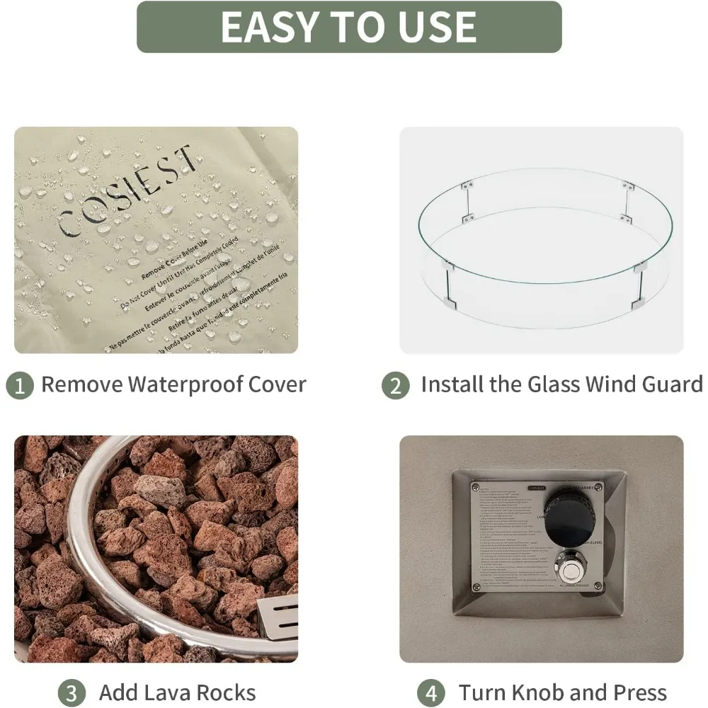 Outdoor Propane Fire Pit Coffee Table, 40.5-inch Round Base Patio Heater, Stainless Steel Burner, Wind Guard, Waterproof Cover - Image 5