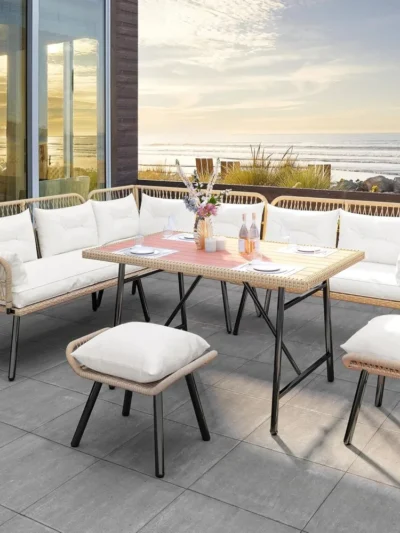 Patio Wicker L-Shaped Furniture Set, All-Weather Rattan Outdoor Conversation Sofa Set for Backyard Deck with Soft Cushions