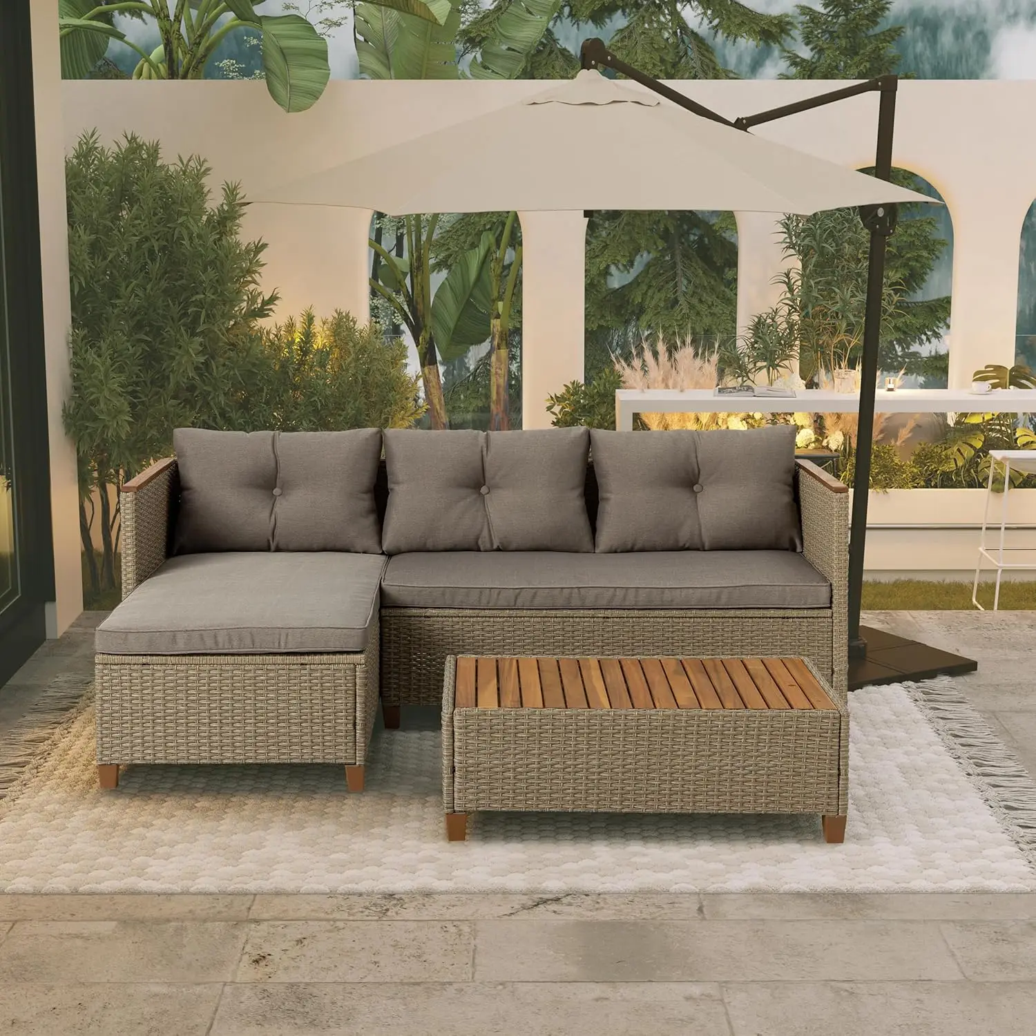 Patio Furniture Set 3 Piece Outdoor Sectional Sofa Couch All Weather Rattan Wicker Conversation Set with Acacia Wood Coffee - Image 4