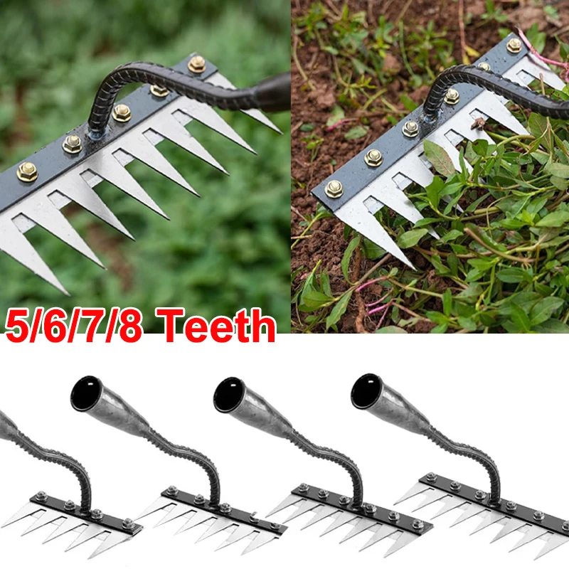 5/6/7/8 Teeth Iron Gardening Hoe Weeding Rake Farm Tool Grasping Raking Loosening Soil Nail Rake