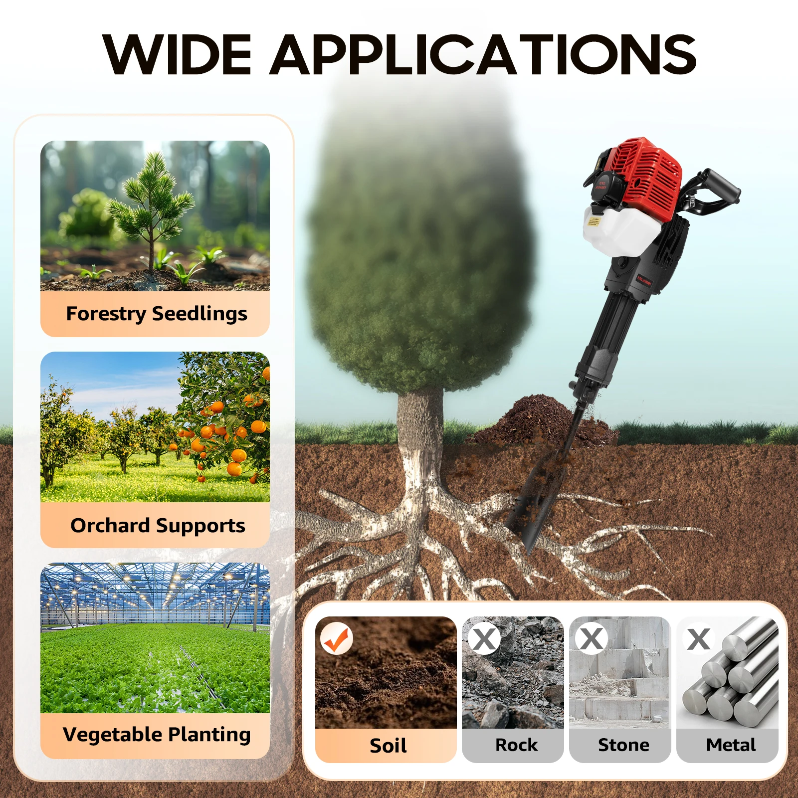 1900W 52cc Portable Garden Tree Digger Steel PP Garden Tree Digger 20-55 - Image 4