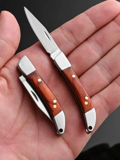 Mini Folding Knife Portable Keychain Pocket Knife Stainless Steel Wooden Handle
