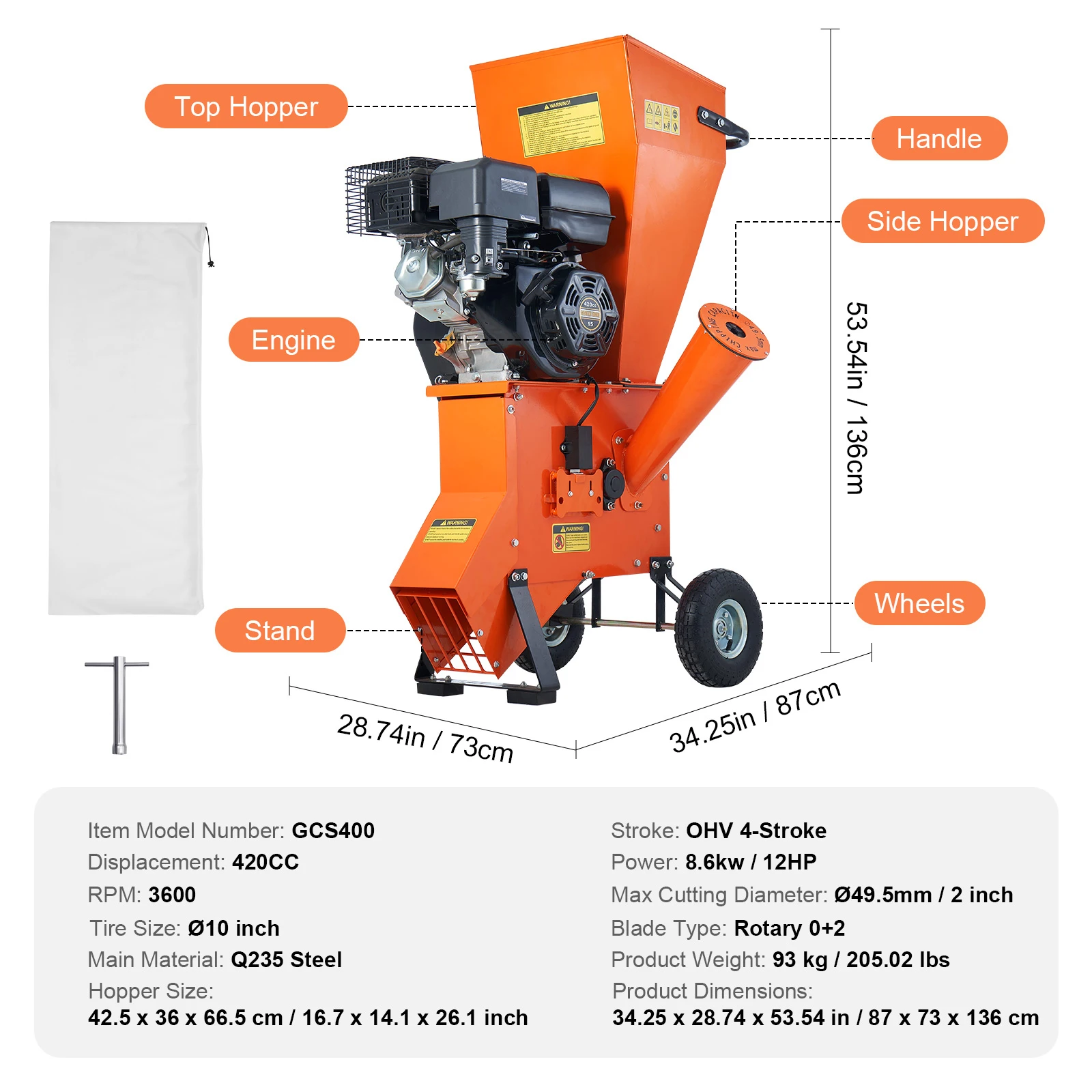 SucceBuy Wood Chipper Shredder Mulcher Heavy Duty Gas Powered 4.1/8.6KW Woodchipper Fast Wood Chipping - Image 7