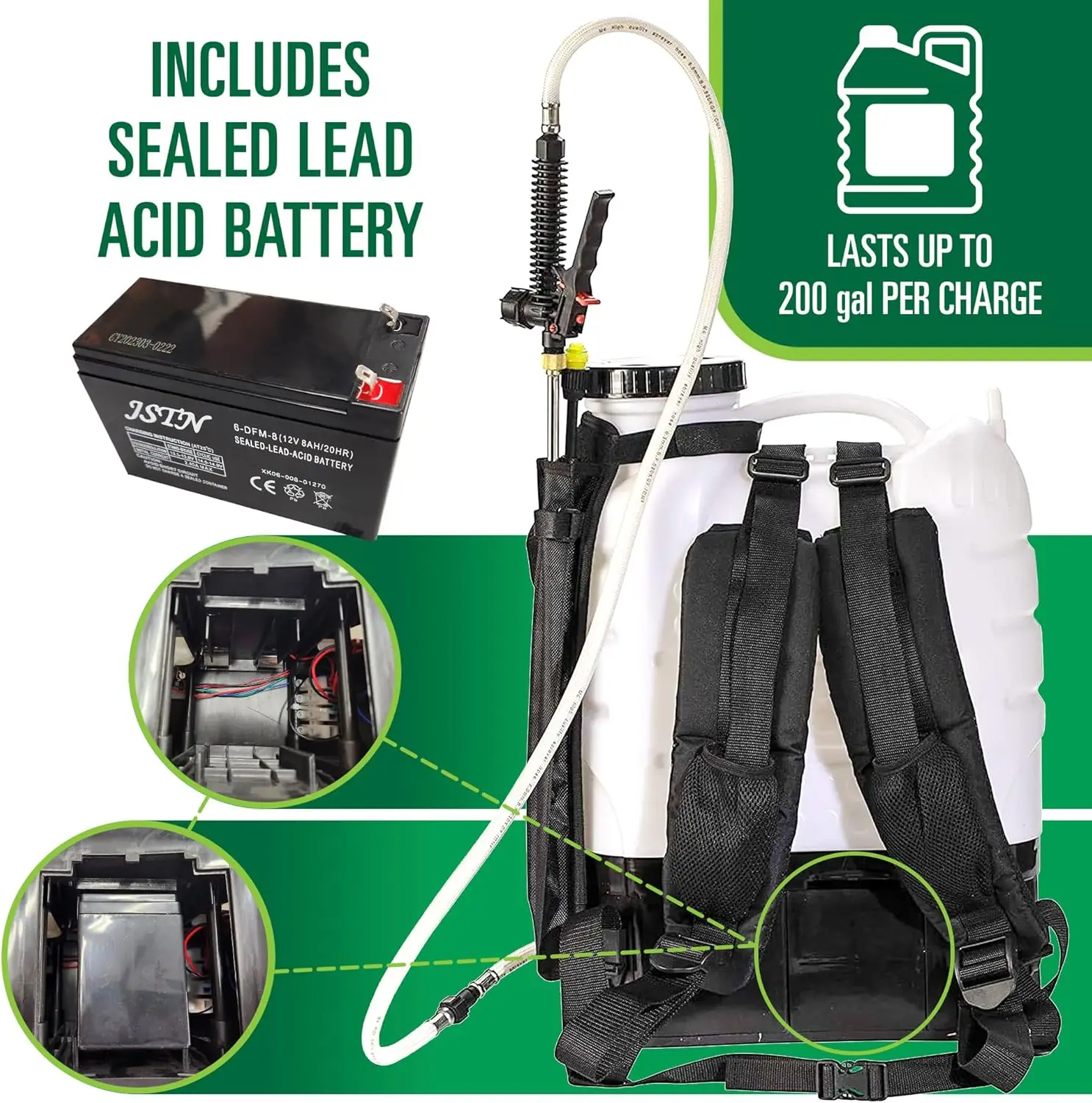 Backpack Sprayer- 4-Gallon Battery Powered - Cordless Electric Pump, Adjustable Wand, Waterproof Tank, Powerful 80 PSI Pump - Image 5