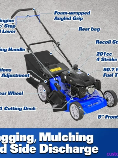 21 Inch Lawn Mower Gas Powered, 4-Cycle 201cc Engine, 3-in-1 Push Lawnmower with Bagging, Mulching & Side Discharge