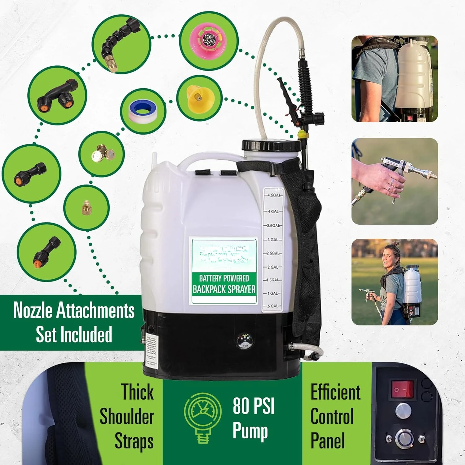 Backpack Sprayer- 4-Gallon Battery Powered - Cordless Electric Pump, Adjustable Wand, Waterproof Tank, Powerful 80 PSI Pump - Image 2