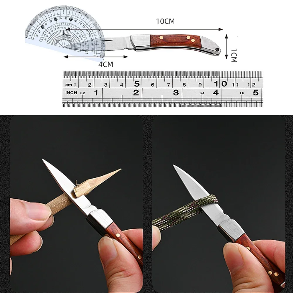 Mini Folding Knife Portable Keychain Pocket Knife Stainless Steel Wooden Handle - Image 4
