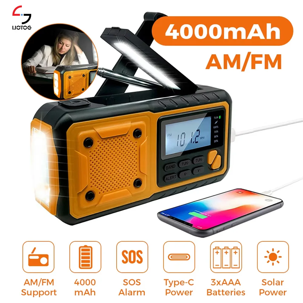 LOTOTG Portable Emergency Solar Power Radio Hand Crank Charging AM/FM Weather Radio Led Reading Flashlight Bank Phone Charger