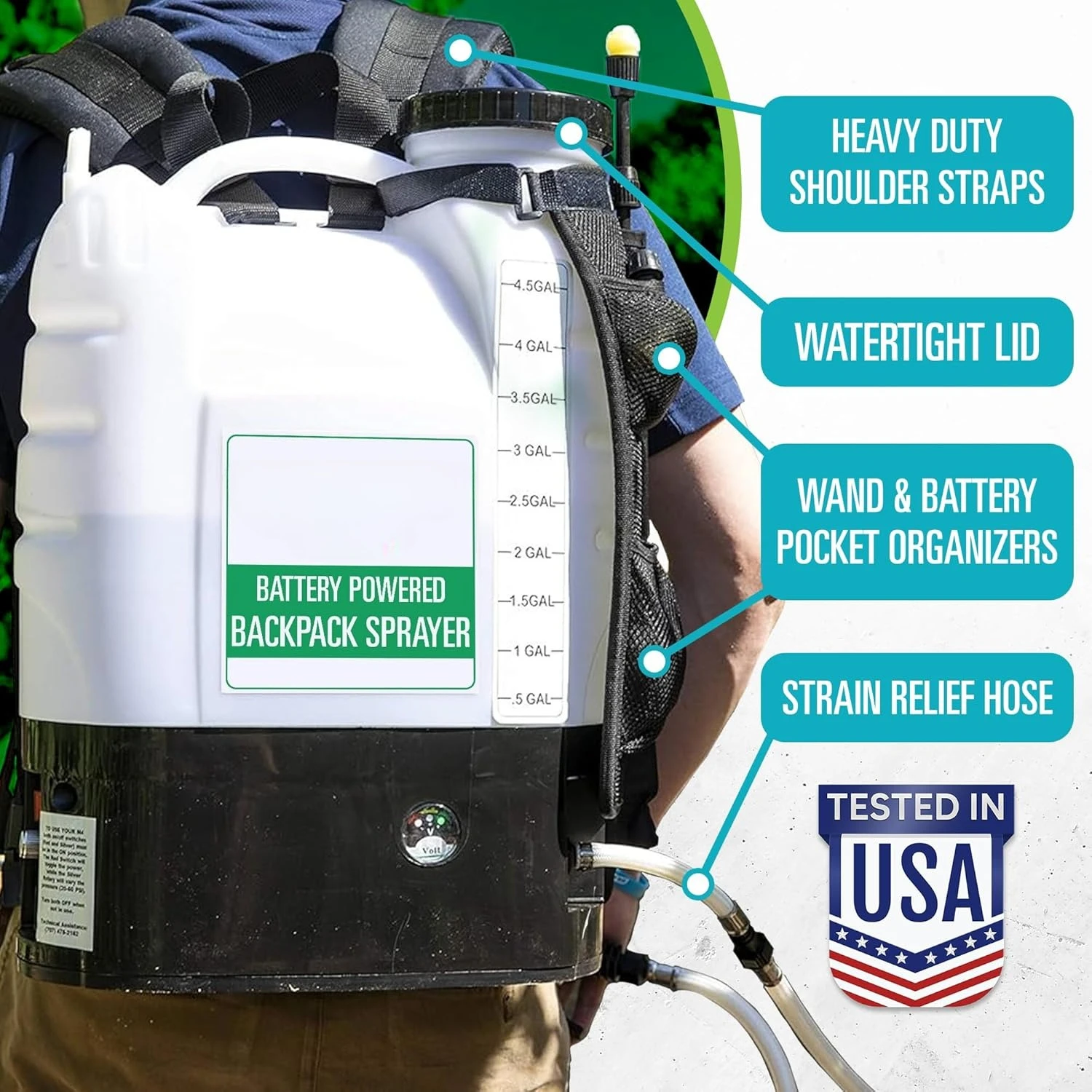 Backpack Sprayer- 4-Gallon Battery Powered - Cordless Electric Pump, Adjustable Wand, Waterproof Tank, Powerful 80 PSI Pump - Image 4