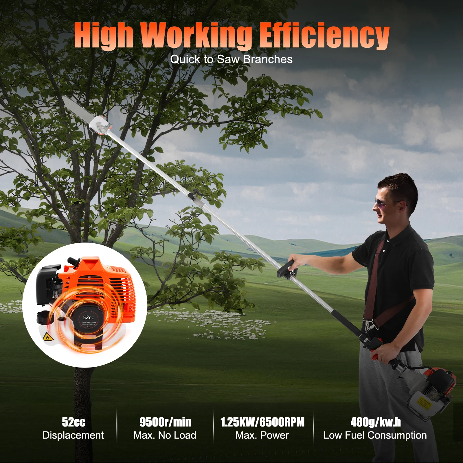 Gasoline Power High Branch Saw 52cc 2-stroke Engine 9500r/min 1.25KW 6500RPM Garden High Branch Saw - Image 2