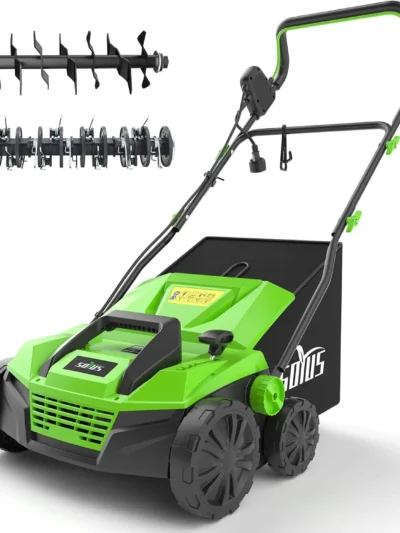 15-Inch 13-Amp Electric Dethatcher and Scarifier with 45L Removable Thath Collection Bag, Corded Lawn Dethatcher with 5-Position