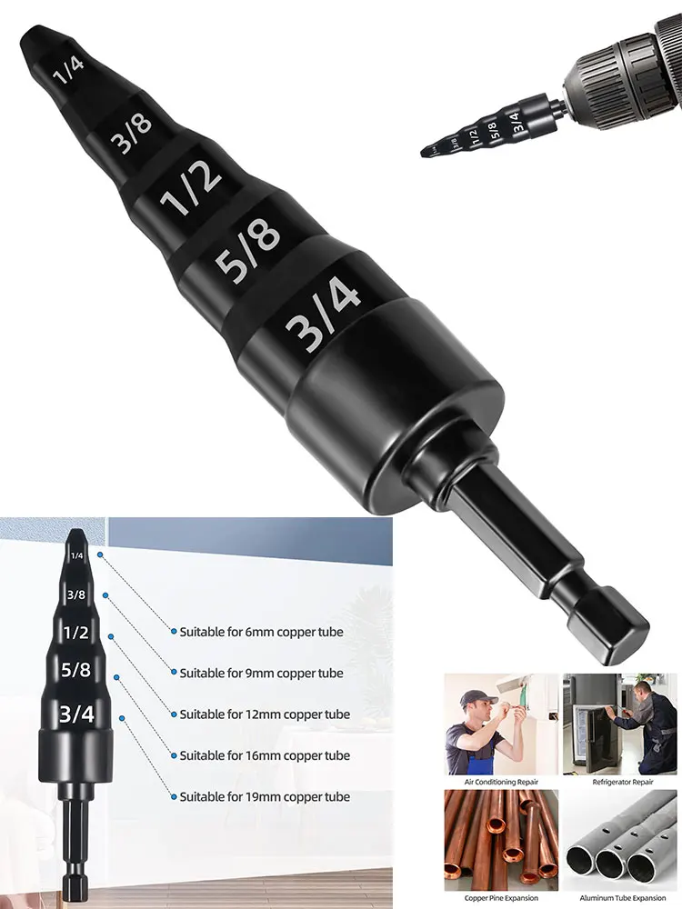 Swaging Tool 5 in 1 Air Conditioner Copper Pipe Expander Swaging Drill Bit Set with Hex Shank, with 1/4, 3/8, 1/2, 5/8, 3/4 Bits - Image 7