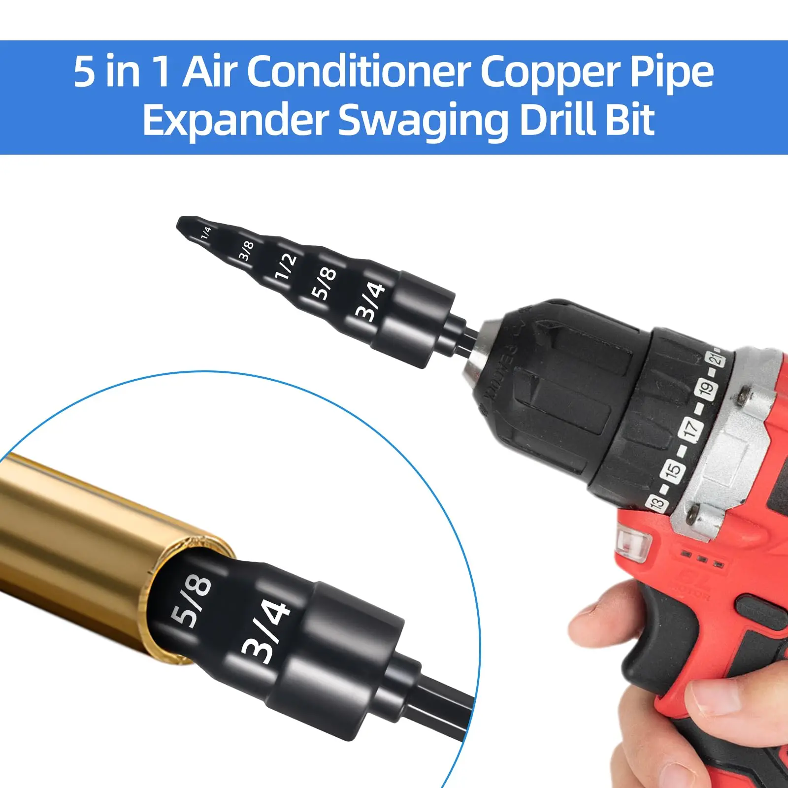 Swaging Tool 5 in 1 Air Conditioner Copper Pipe Expander Swaging Drill Bit Set with Hex Shank, with 1/4, 3/8, 1/2, 5/8, 3/4 Bits - Image 3