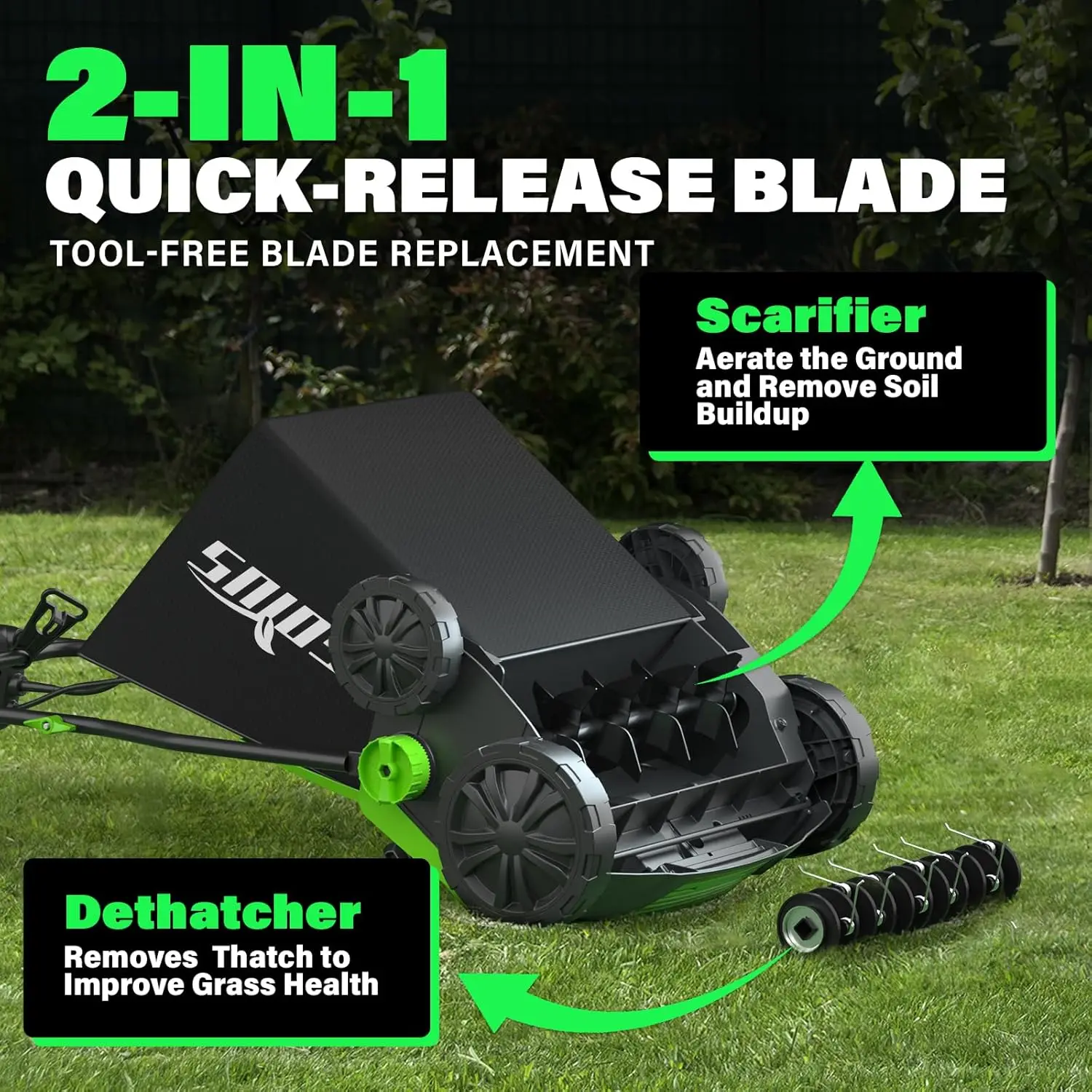 15-Inch 13-Amp Electric Dethatcher and Scarifier with 45L Removable Thath Collection Bag, Corded Lawn Dethatcher with 5-Position - Image 3