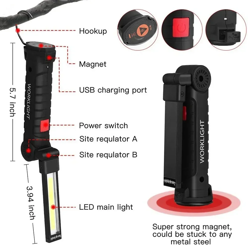 COB LED Work Light Dimmable USB Rechargeable LED Flashlight Inspection Lamp With Magnetic Hook - Image 17