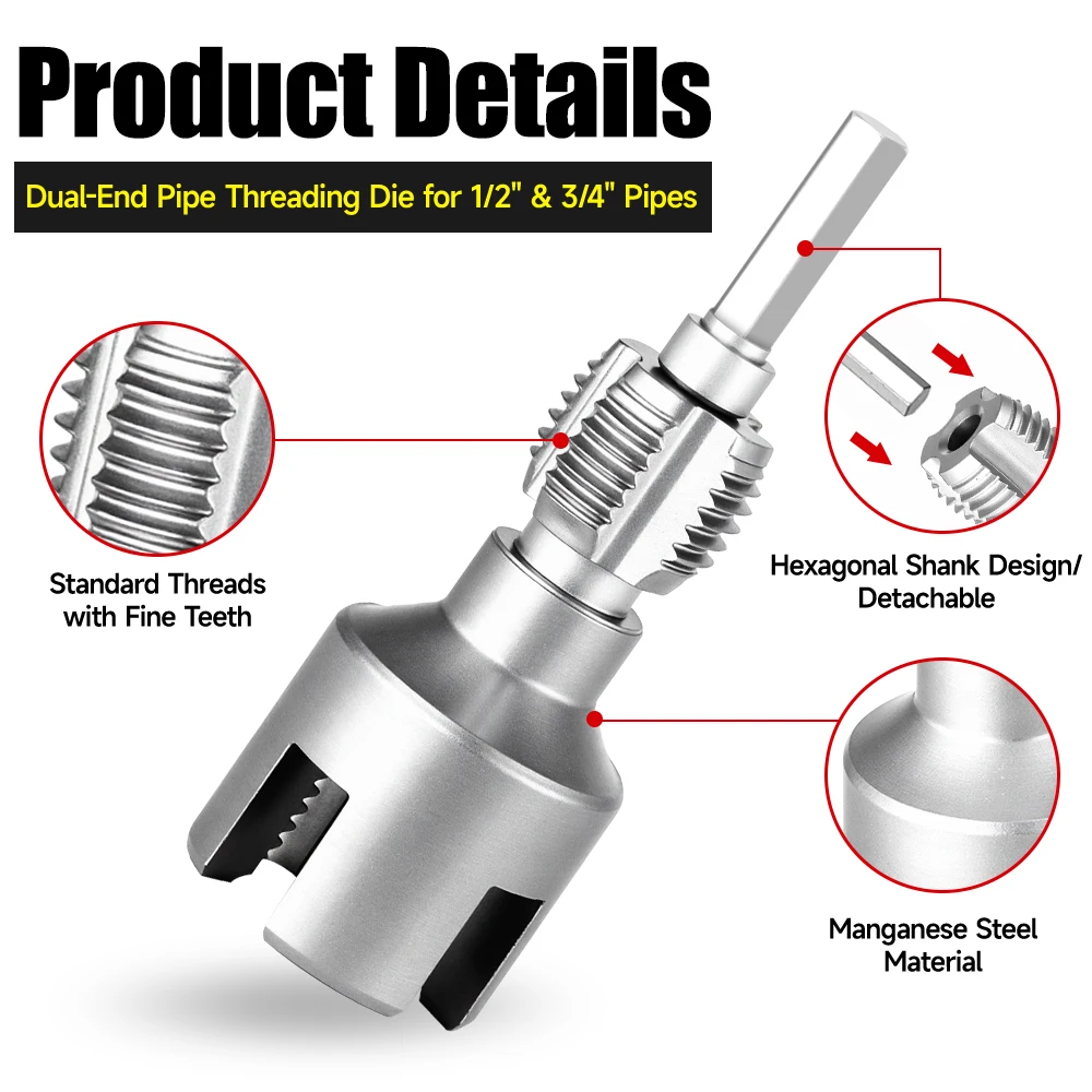 DN15/20/25 Pipe Threading Tool Hex Shank Die Internal External Threads 1/2&3/4&1 INCH Water Pipes PPR PVC MPP Detachable - Image 2