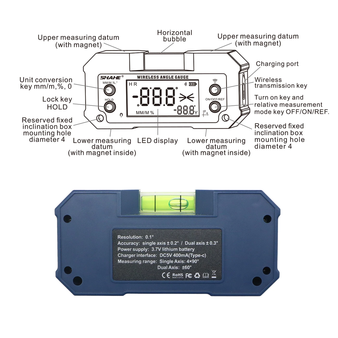SHAHE Digital Level Inclinometer Dual-axis Electronic Protractor Rechargable Bevel Box Electronic Level Angle Finder Gauge - Image 11