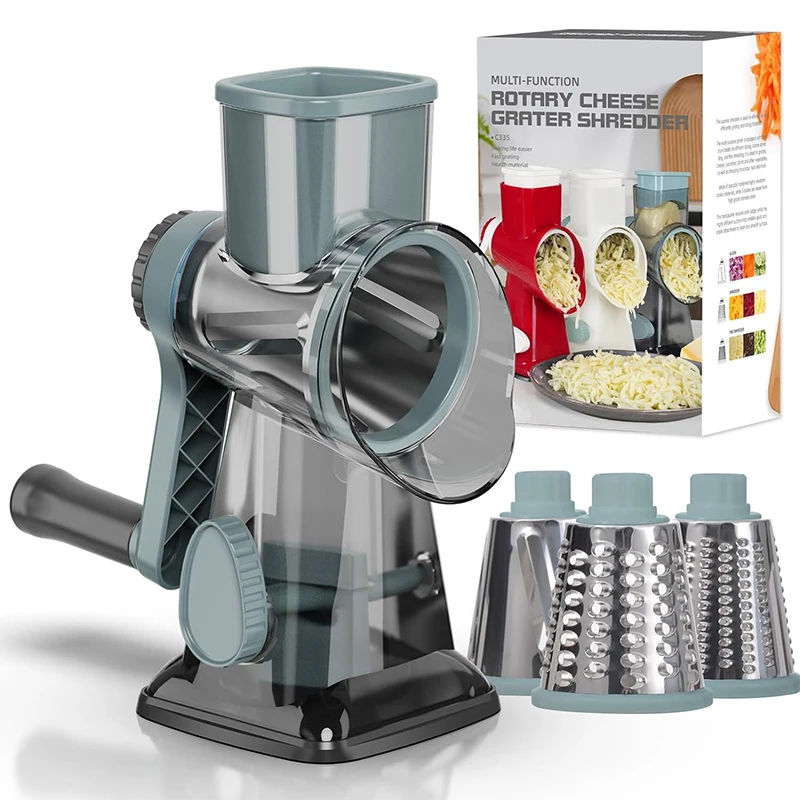 LMETJMA 3 in 1 Rotary Cheese Grater Versatile Manual Vegetable Slicer Peanut Nuts Grinder