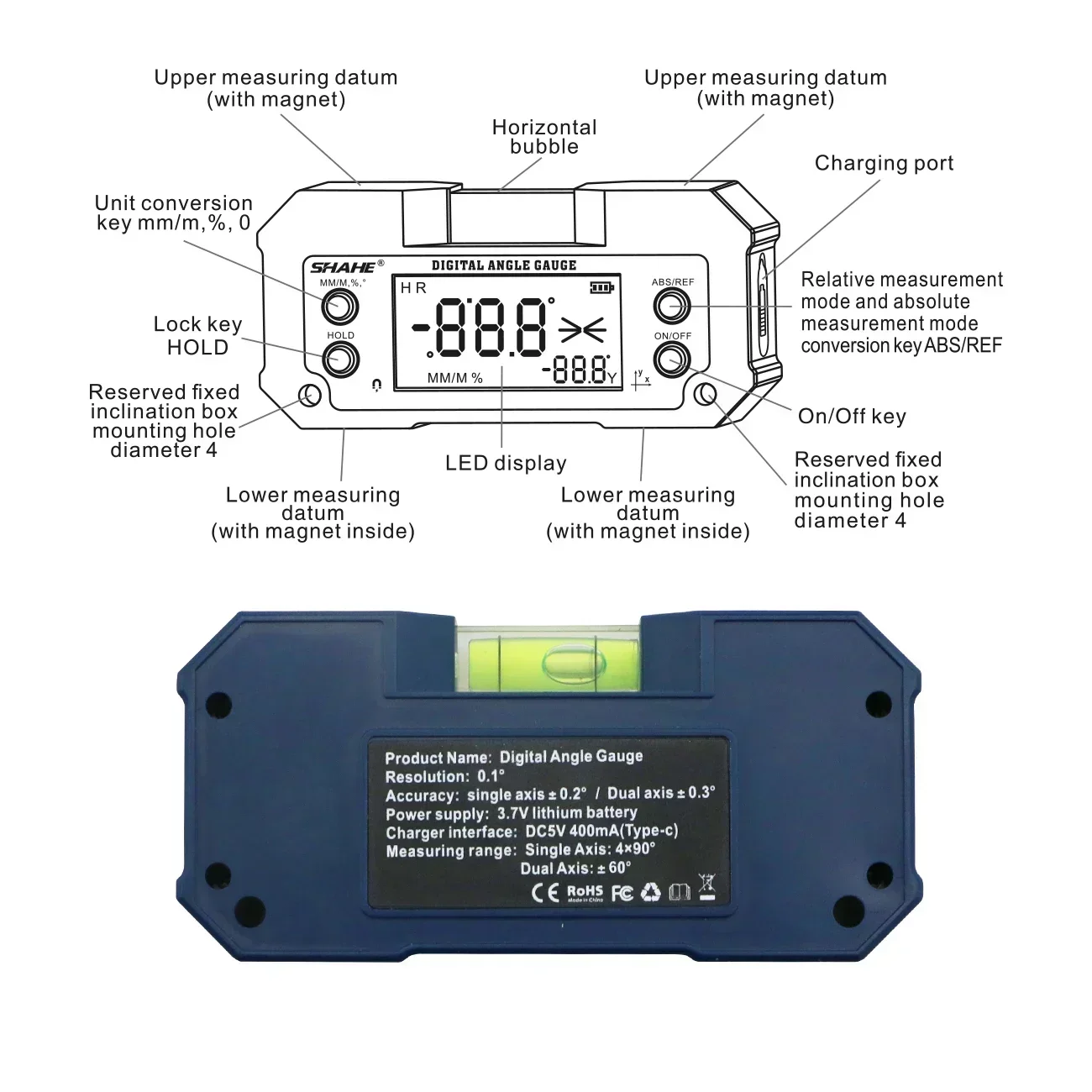 SHAHE Digital Level Inclinometer Dual-axis Electronic Protractor Rechargable Bevel Box Electronic Level Angle Finder Gauge - Image 3