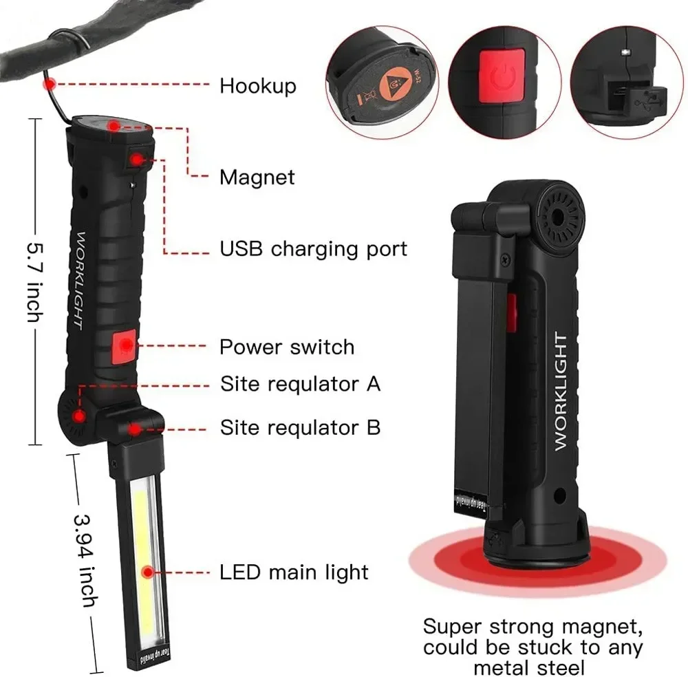 COB LED Work Light Dimmable USB Rechargeable LED Flashlight Inspection Lamp With Magnetic Hook - Image 3