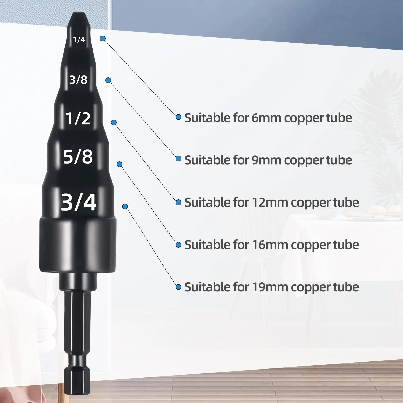 Swaging Tool 5 in 1 Air Conditioner Copper Pipe Expander Swaging Drill Bit Set with Hex Shank, with 1/4, 3/8, 1/2, 5/8, 3/4 Bits - Image 2